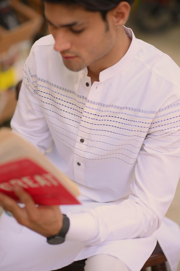 Offwhite self textured Kurta Pajama
