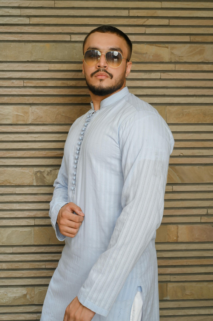 Light Blue self embroidered Kurta Pajama.