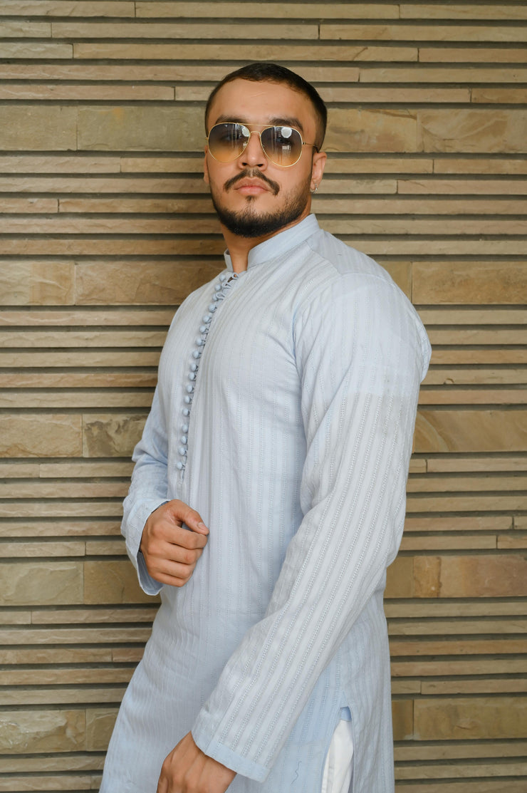 Light Blue self embroidered Kurta Pajama.