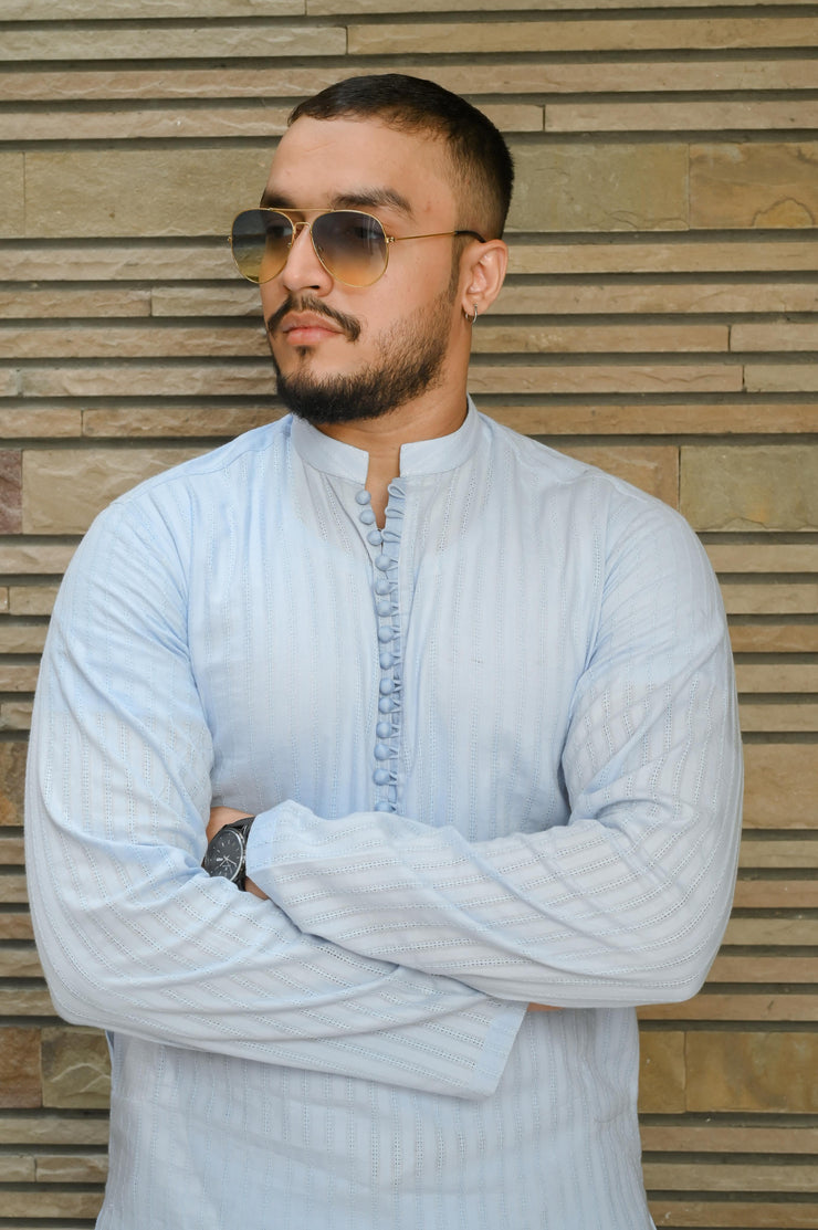 Light Blue self embroidered Kurta Pajama.