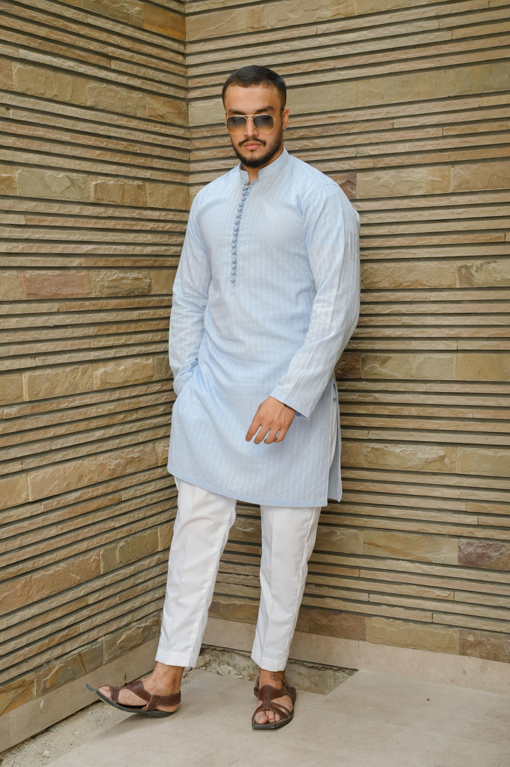 Light Blue self embroidered Kurta Pajama.