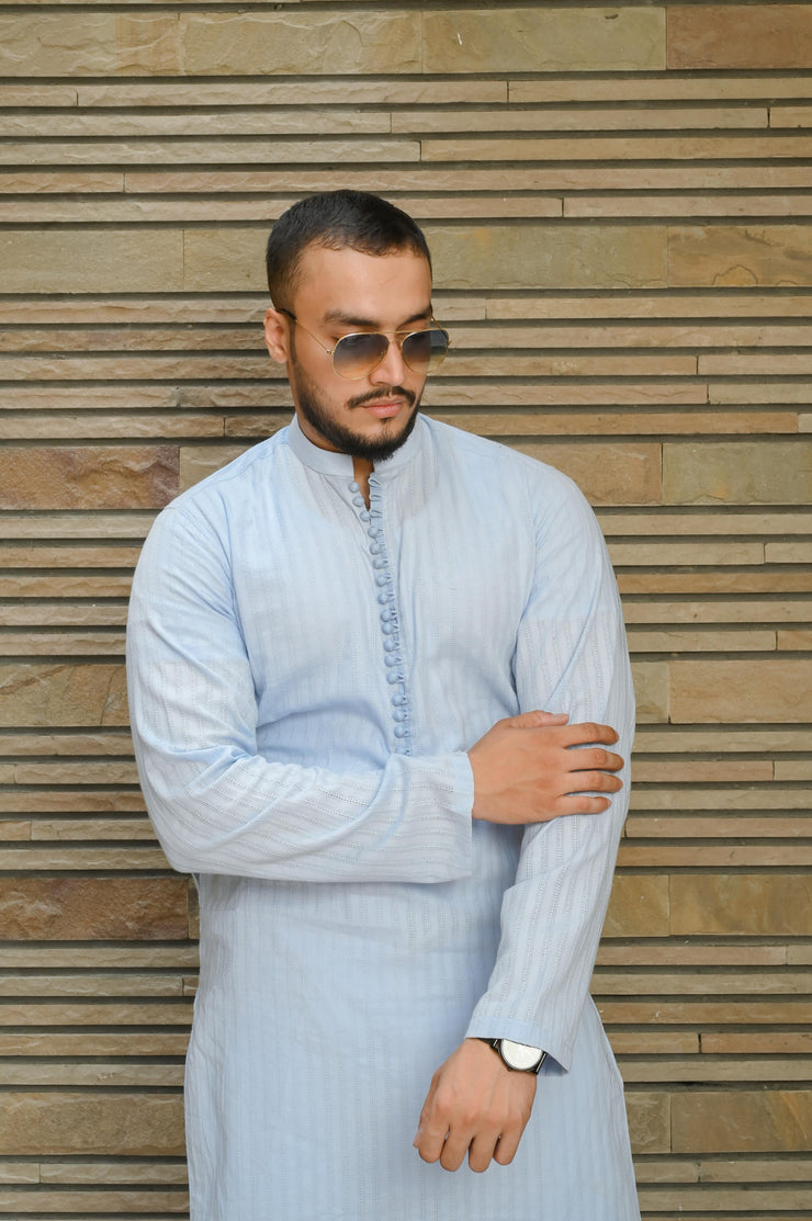 Light Blue self embroidered Kurta Pajama.