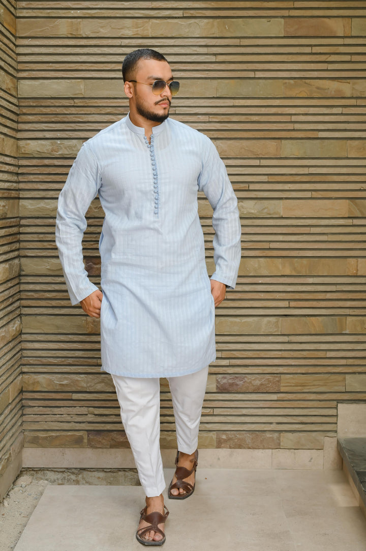 Light Blue self embroidered Kurta Pajama.