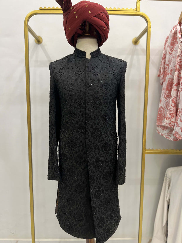 Black on Black Hand Embroidered Sherwani.