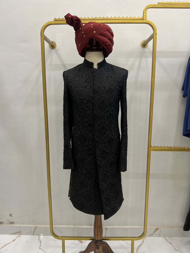 Black on Black Hand Embroidered Sherwani.