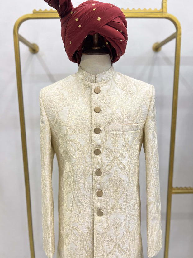 Gold Floral & Paisley Embroidered Sherwani.