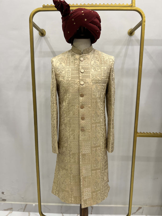 Champagne Gold Embroidered Customized Sherwani.