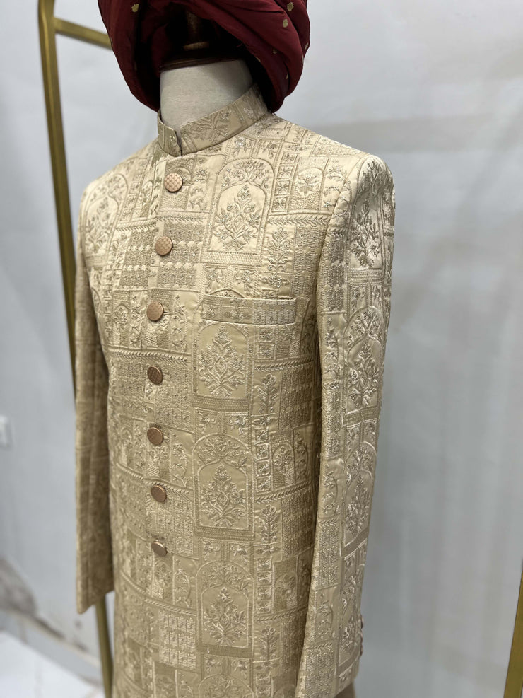 Champagne Gold Embroidered Customized Sherwani.