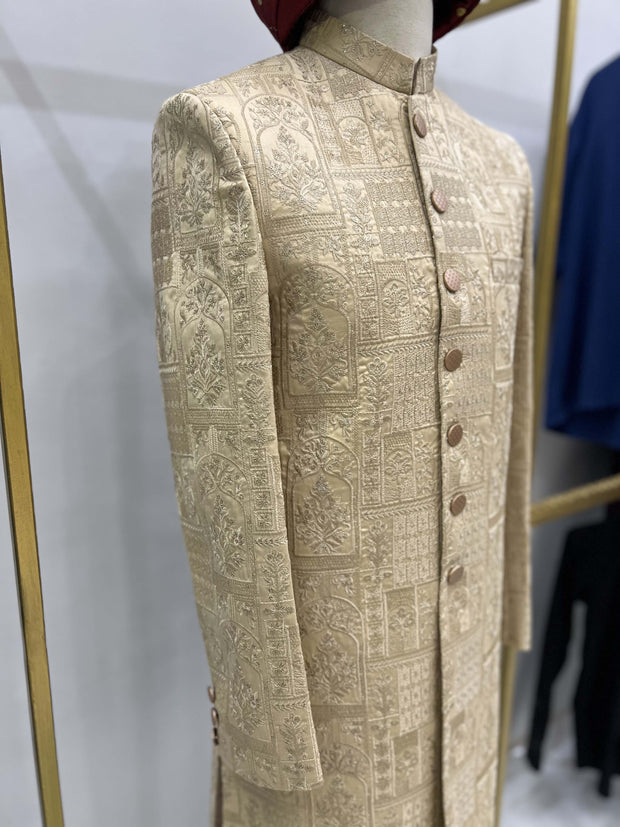 Champagne Gold Embroidered Customized Sherwani.