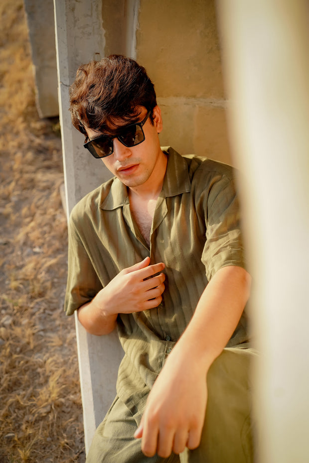 Easy Does It: Olive Green Self-Striped Shirt