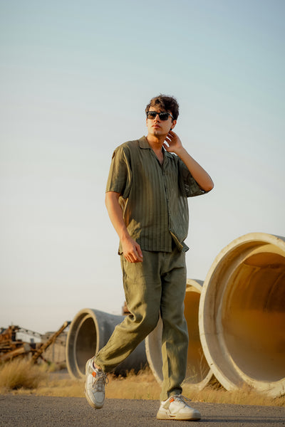 Easy Does It: Olive Green Self-Striped Shirt
