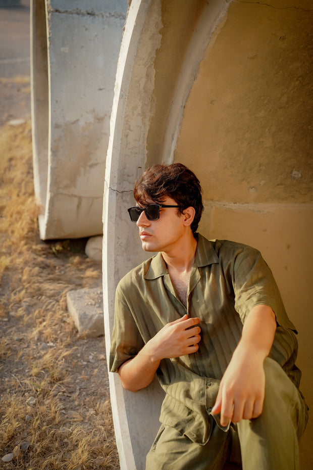Easy Does It: Olive Green Self-Striped Shirt